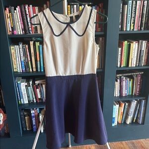 Navy and White Polkadot Sleeveless Dress with Peter Pan Collar.